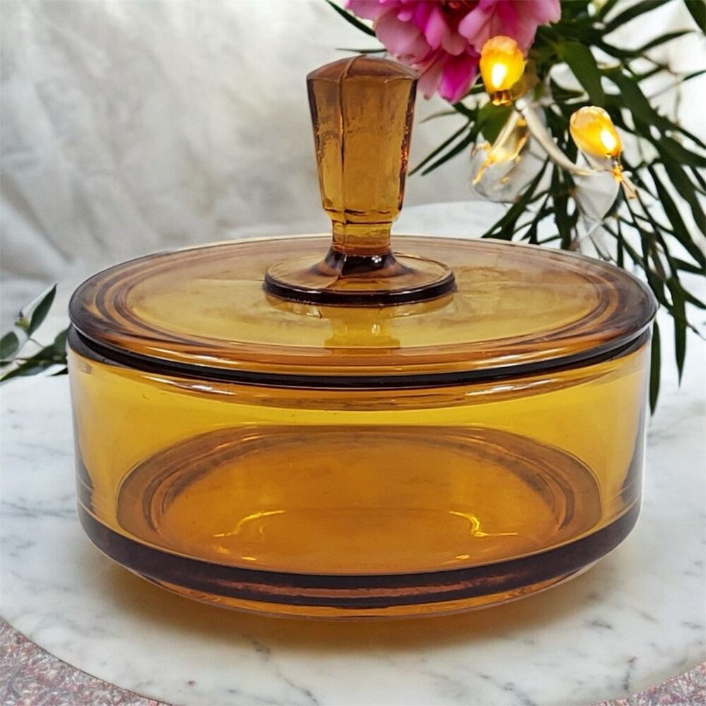 Antique New Martinsville Vanity Dresser Powder Puff, Amber glass dish -1920s